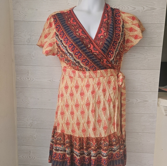 Red and Orange V-Neck Mini Sundress with Flutter Sleeves - Picture 2 of 4